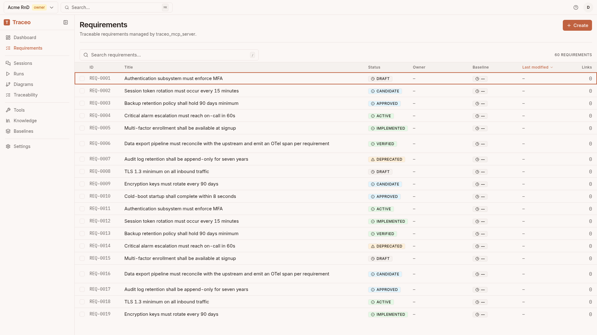 Traceo Requirements list view, virtualized and keyboard-native.